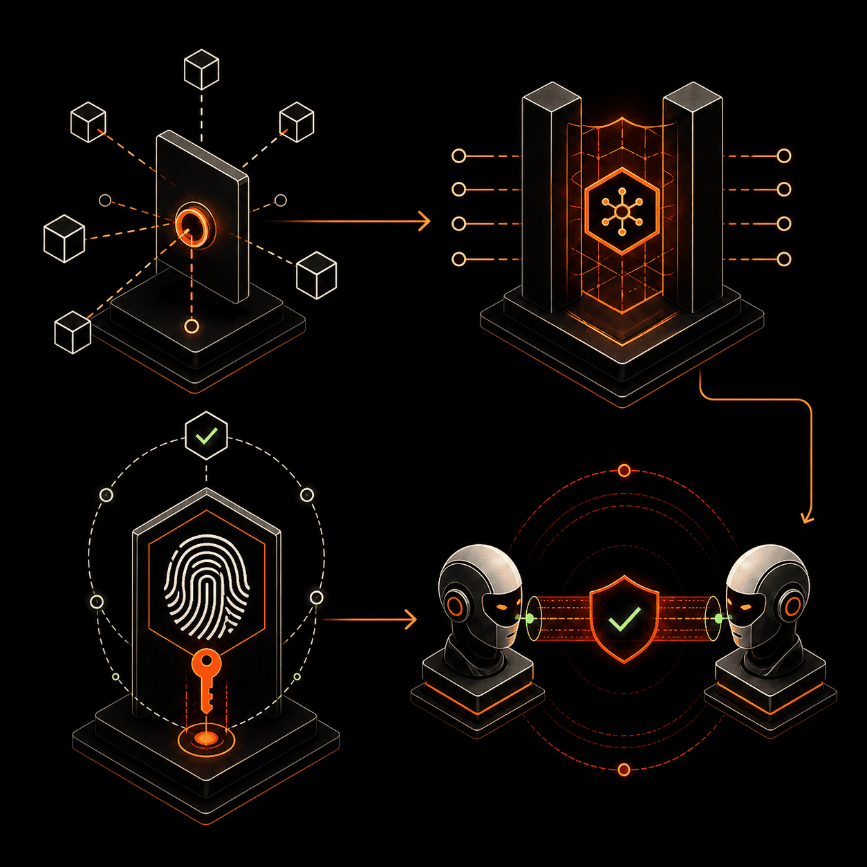 Illustration of identity-native security across four levels of agentic AI maturity